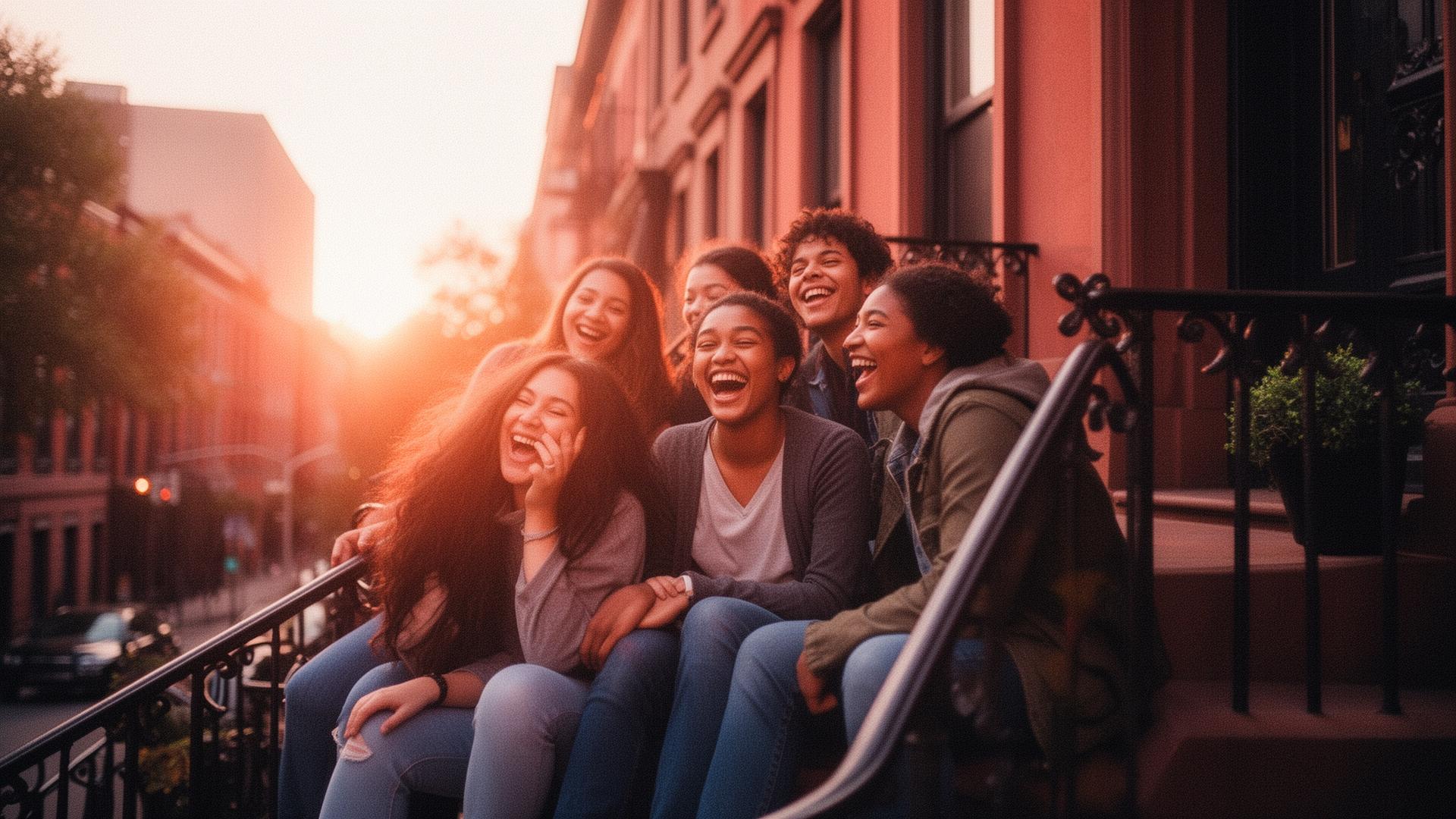 Friends laughing on a NYC stoop at golden hour
